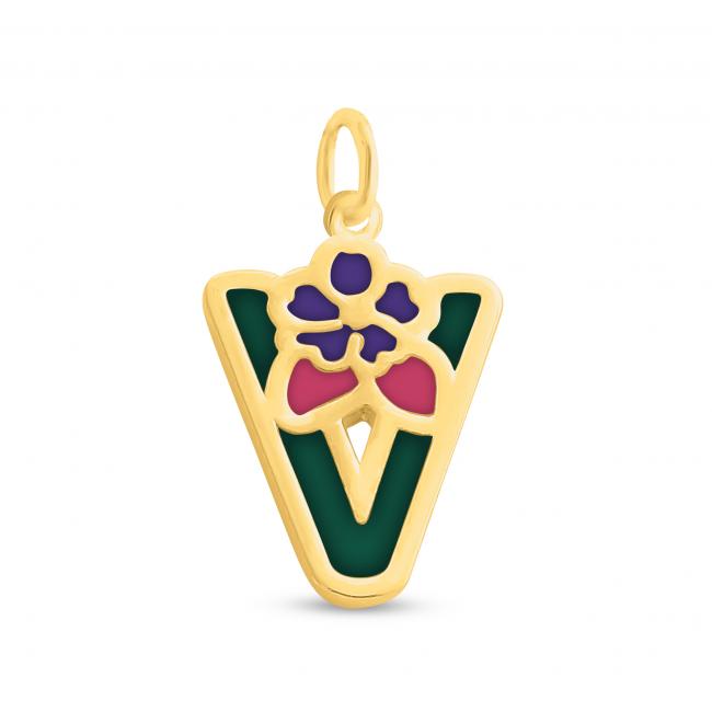 Gold plated necklace Colored Initial Letter V with Flower