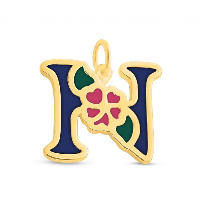 Gold plated necklace Colored Initial Letter N with Flower