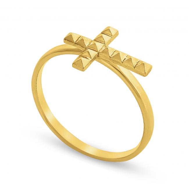 Gold plated ring Pyramid Textured Cross